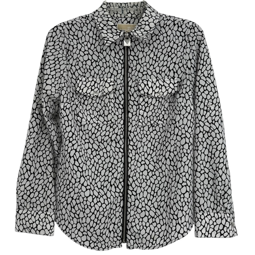 Michael Michael Kors Women’s Zip Front Top Blouse Black White Print Size Small
